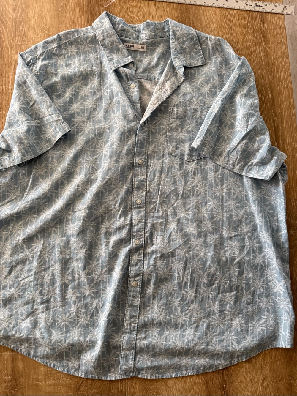 Sonoma Light Blue Palm-Print Short Sleeve Button-Down